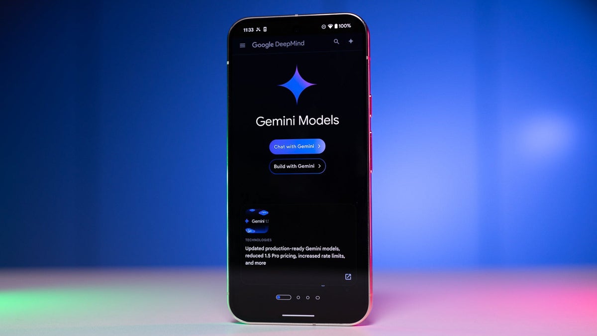 Smartphone displaying the Google DeepMind Gemini Models interface on screen, with a blue and pink gradient background.