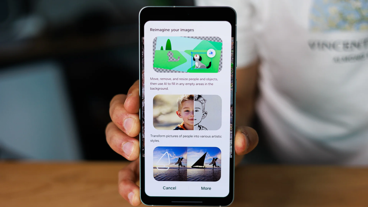 A Galaxy S25 Edge is placed on a table and showcases its Reimagine AI feature.