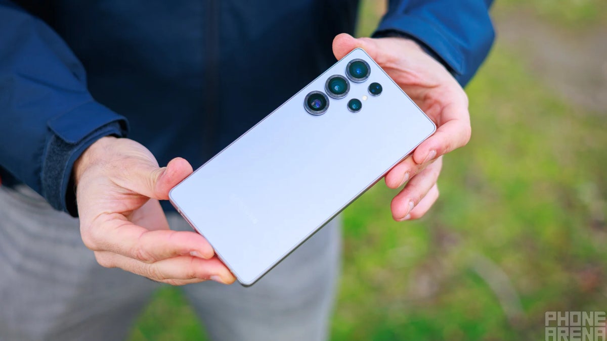 The Samsung Galaxy S25 Ultra is shown off with the rear panel facing the camera.