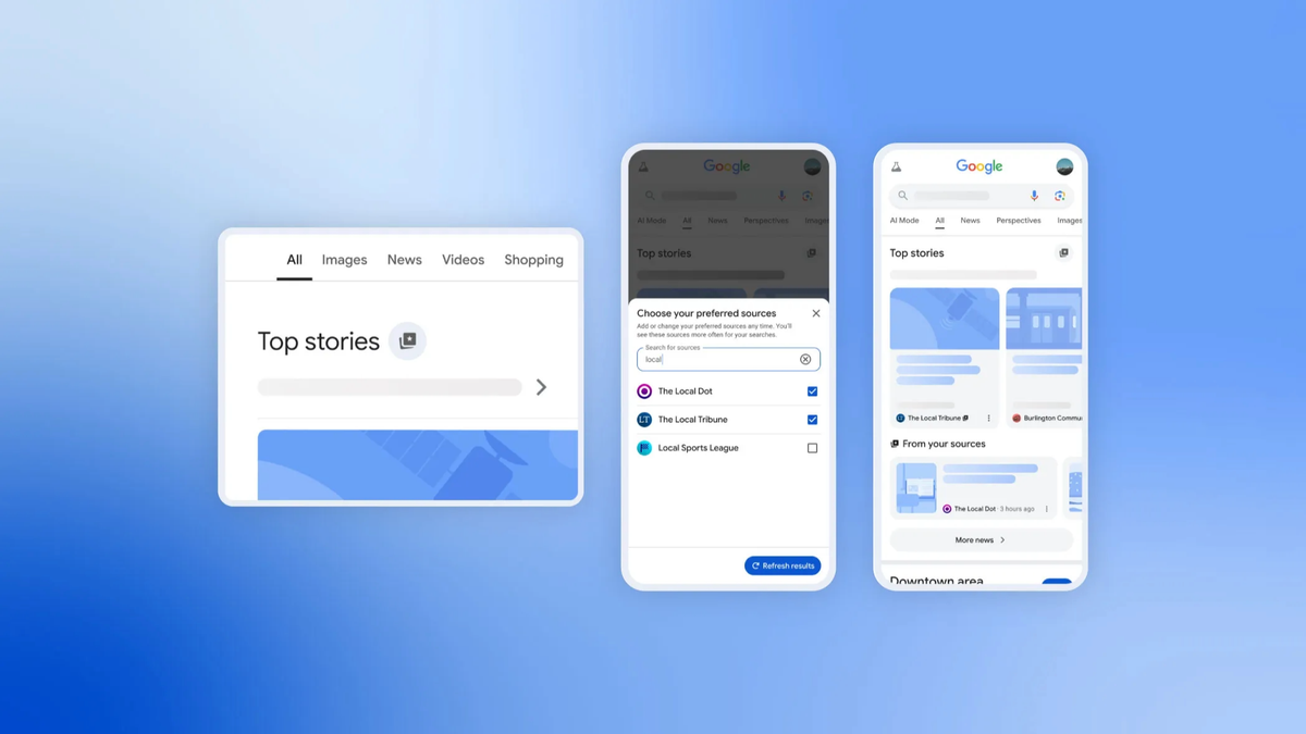 A three-panel graphic showing a Google search interface on both desktop and mobile devices.