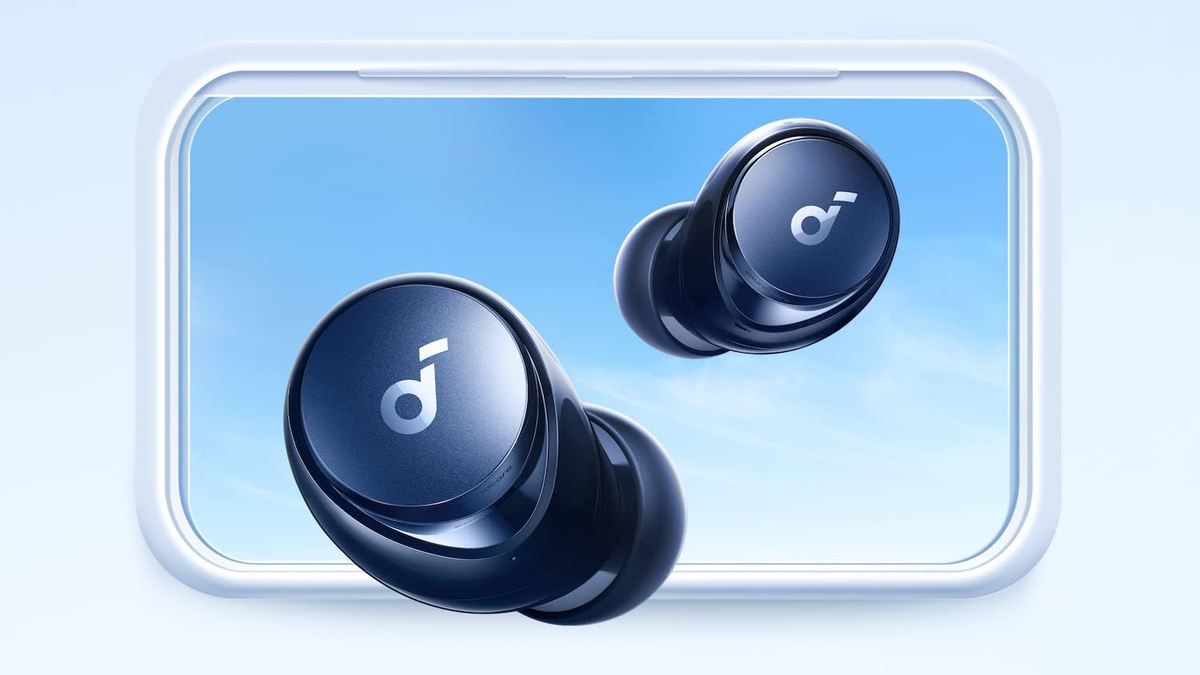 Soundcore Space A40 earbuds appear to come out of a rectangle.