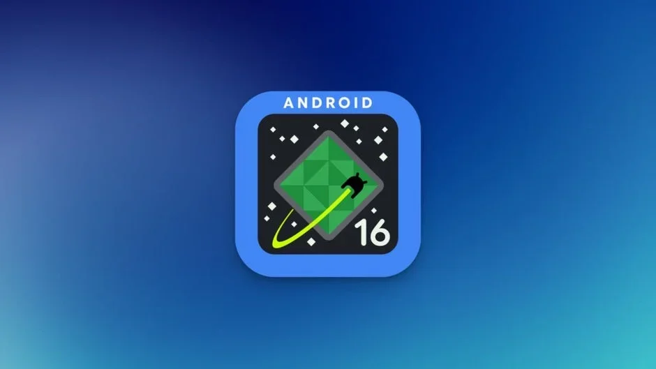 The special logo created for Android 16 is seen against a dark blue background.