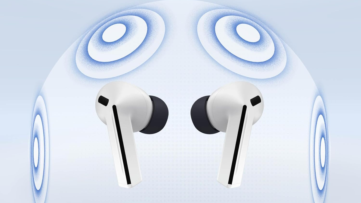 Galaxy Buds FE 3 wireless earbuds with soundwave illustration in the background.