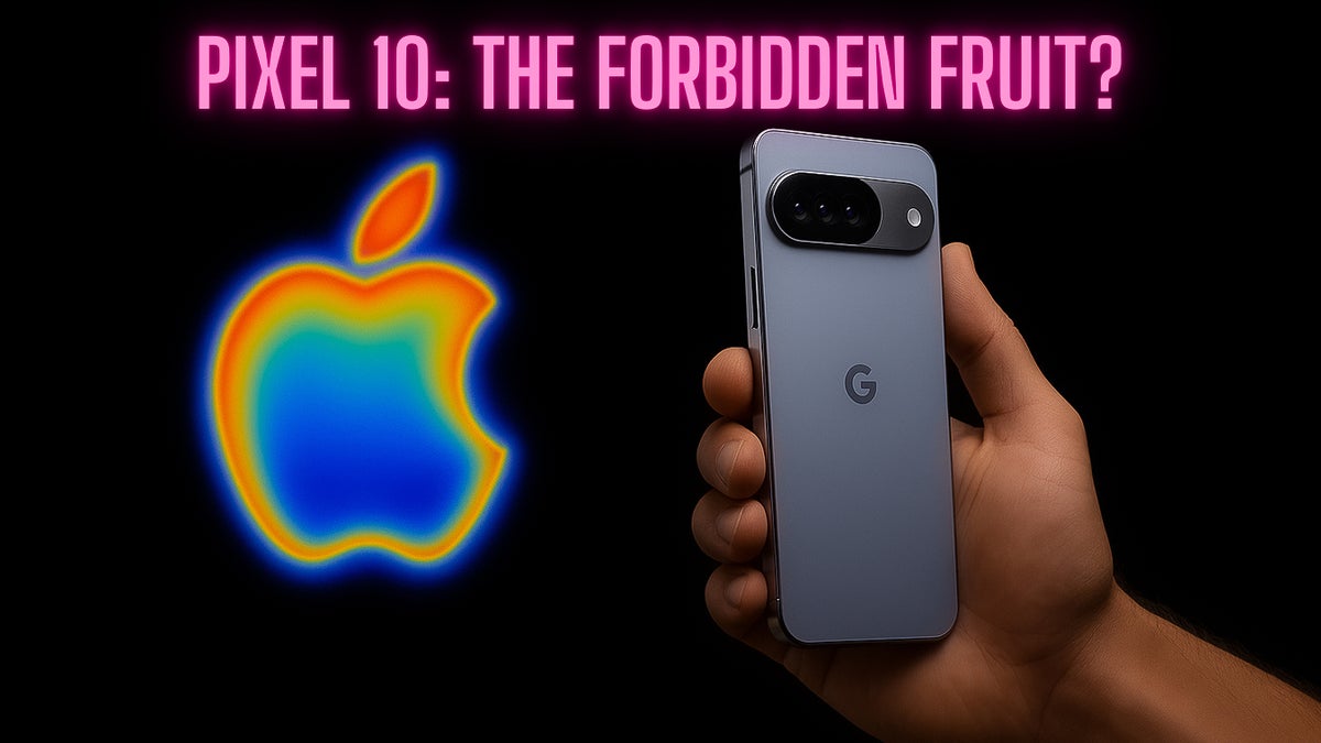 A hand holds the Pixel 10 next to a heatmap-style Apple logo and neon text: “Pixel 10: The Forbidden Fruit?”