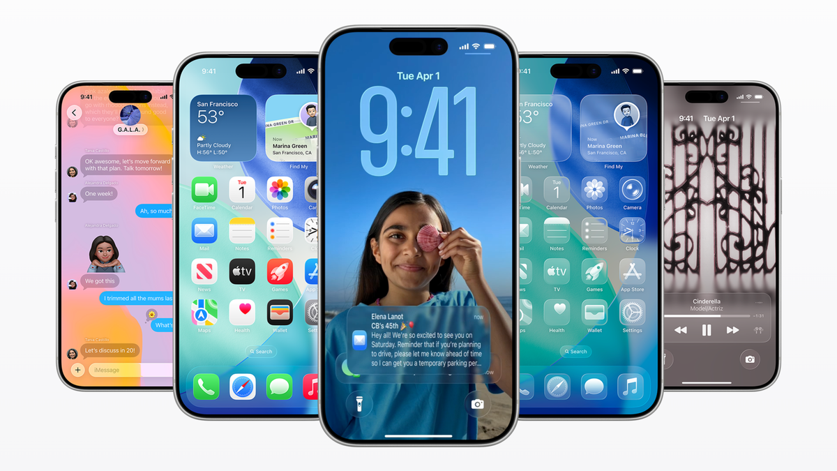 An image showing five iPhones with the new iOS 26 on them.