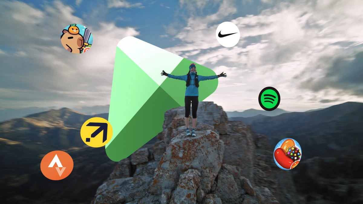 Hero image of a woman on top of a mounting surrounded by game icons