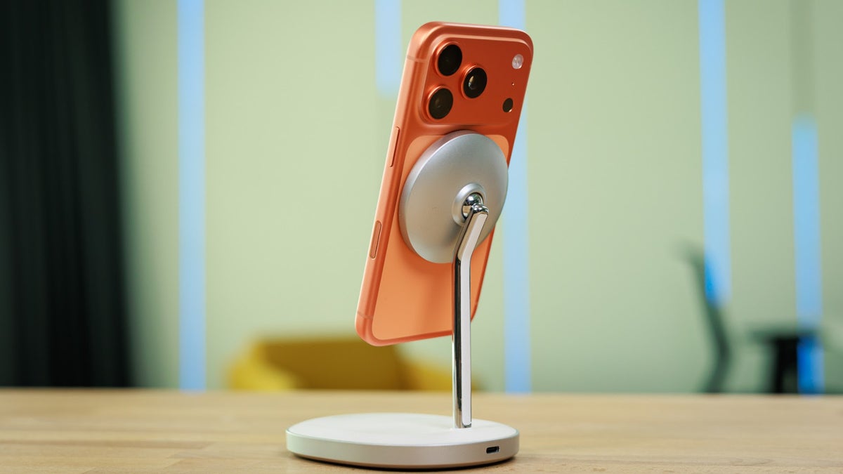 Cosmic Orange iPhone 17 Pro on MagSafe stand