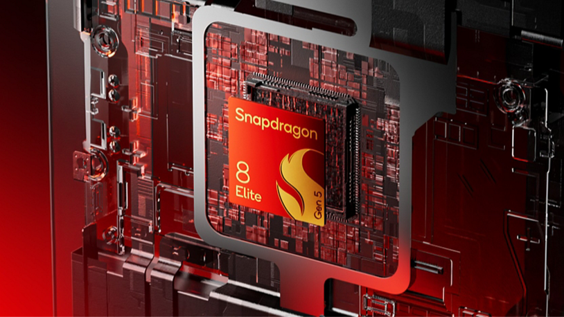 A close-up, high-detail render of a Snapdragon 8 Elite Gen 5 microchip embedded in a circuit board.