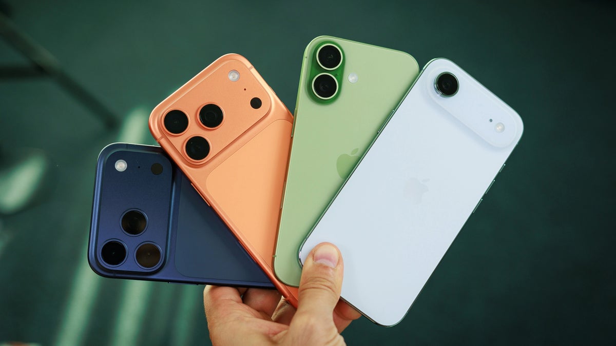 A photo of hand holding the whole iPhone 17 series.