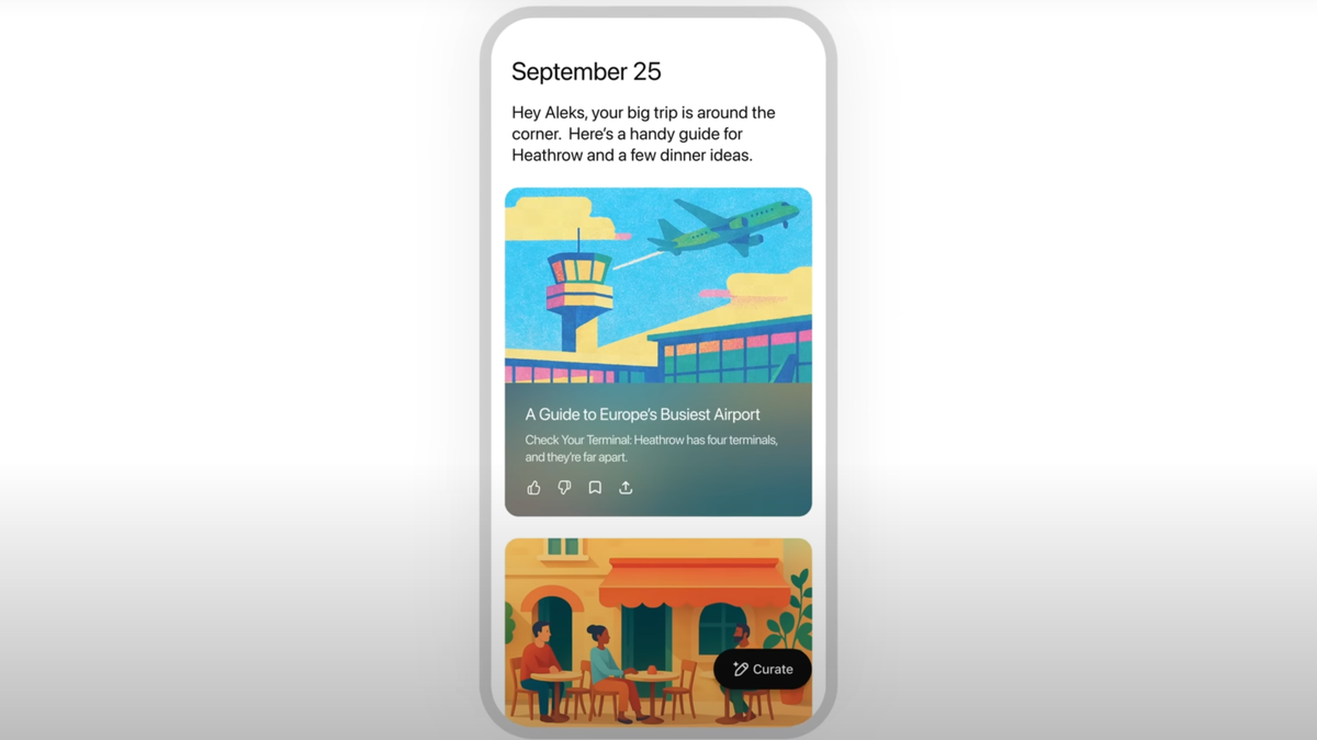 An image showing a drawing of a smartphone with the ChatGPT Pulse feature open on it.