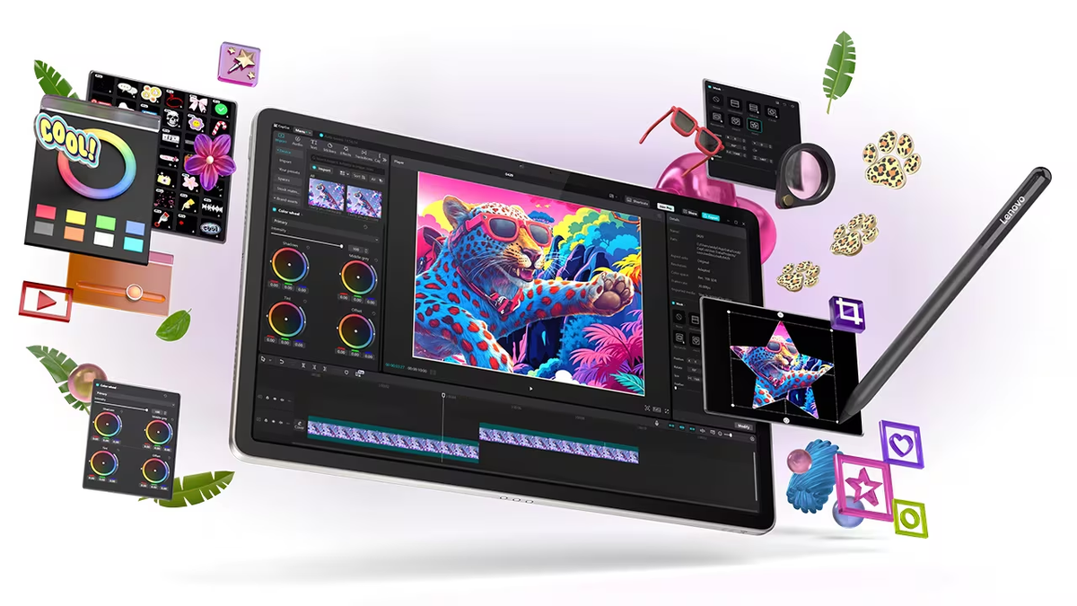 Abstract image of the Lenovo Yoga Tab with apps available near the tablet.