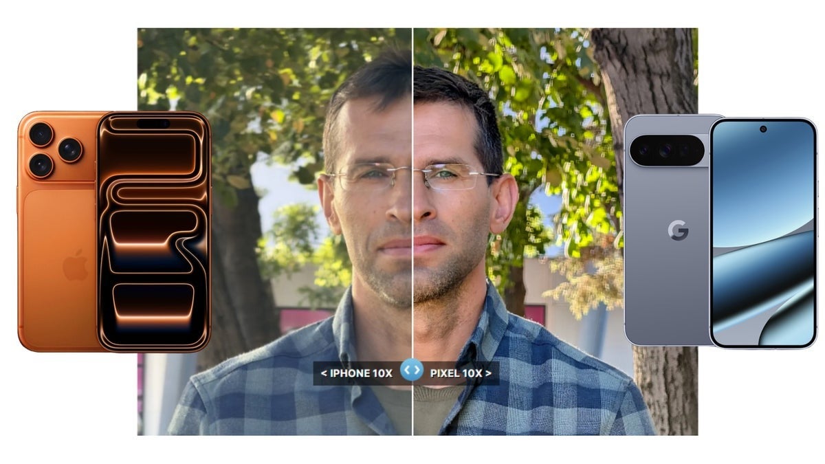 Side-by-side camera comparison showing portrait results from the iPhone 10X (left) and Pixel 10X (right).
