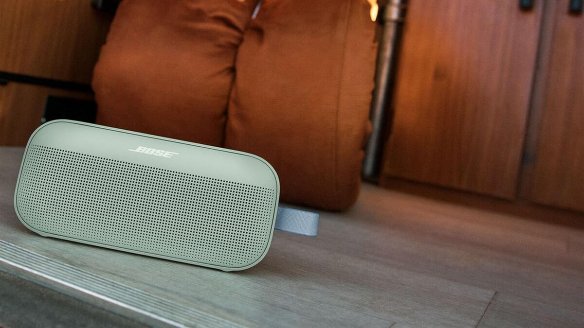 Bose SoundLink Flex (2nd Gen) speaker on a wooden floor, with a person visible in the background.