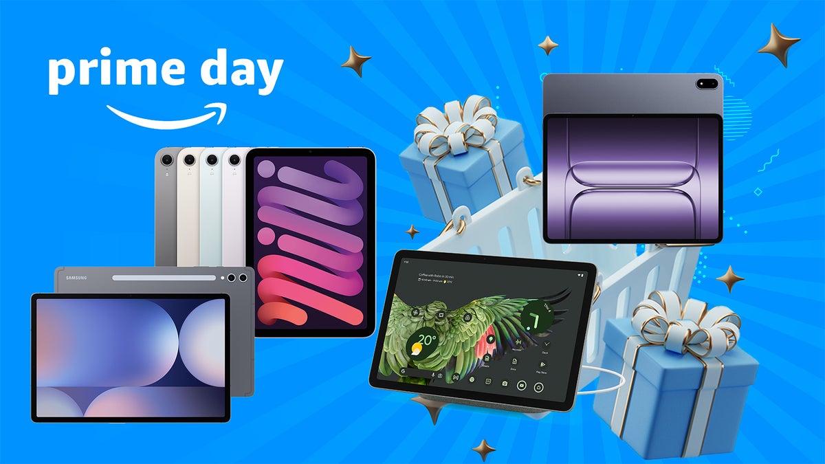 Graphic for October Prime Day featuring tablets from major brands and gift boxes on a blue background.