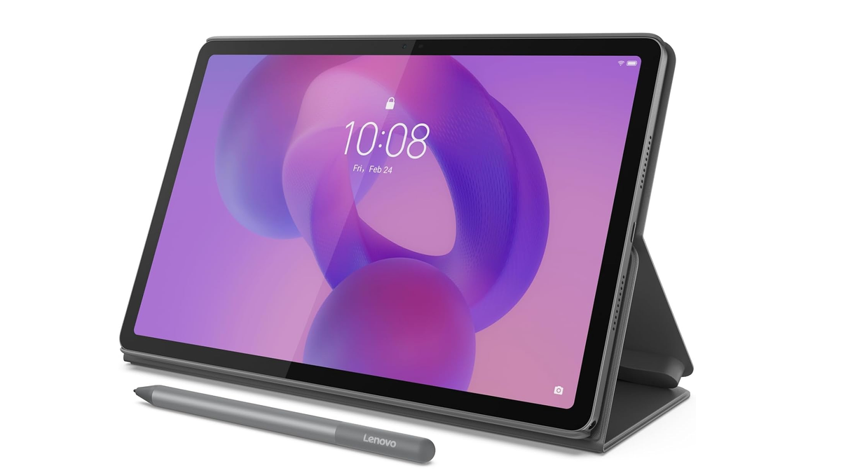 Lenovo Idea Tab with a pen and a folio case on a white background.