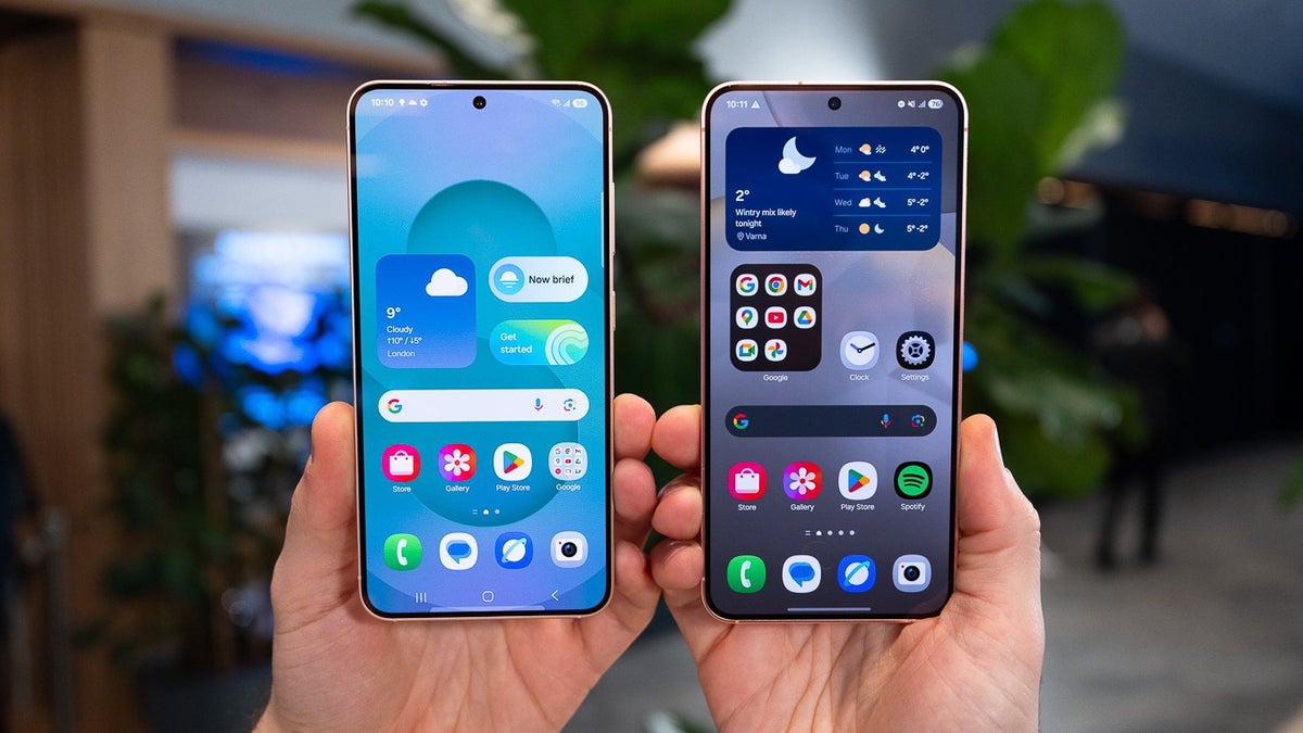 Two Samsung Galaxy phones held side by side, showing their home screens.