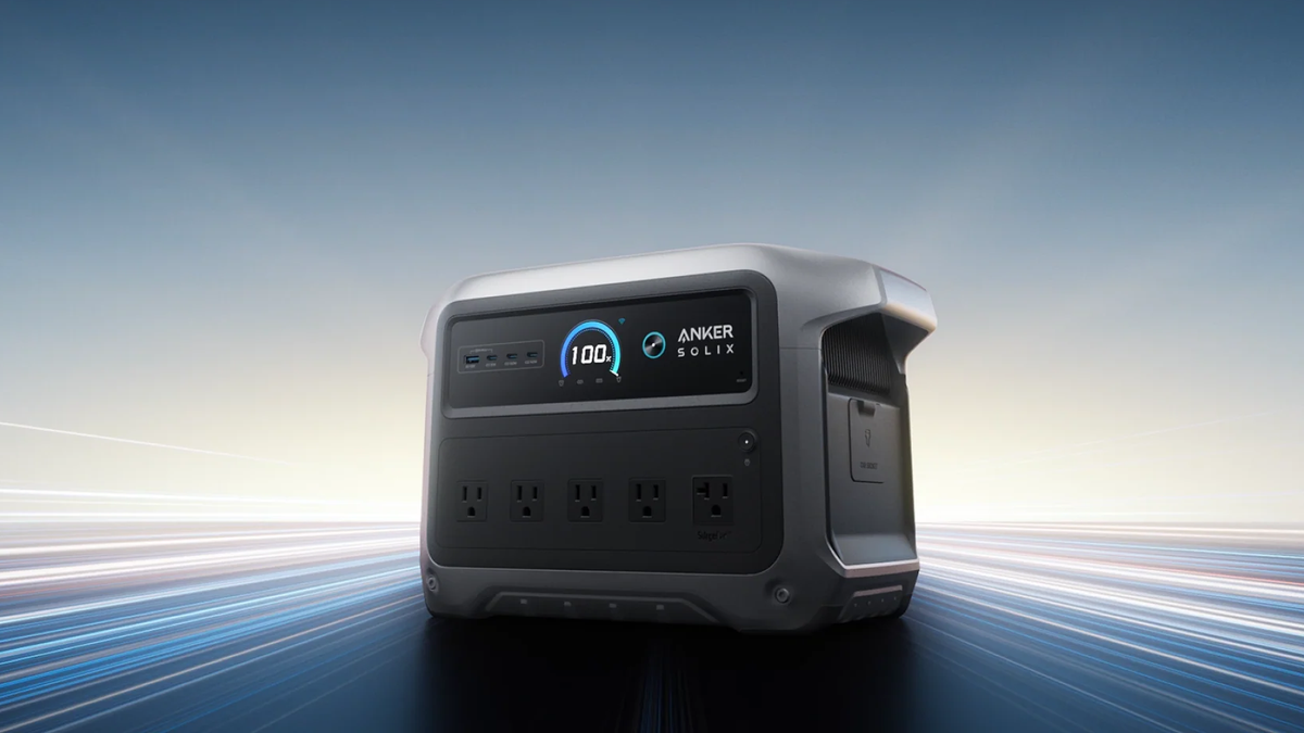 Anker Solix C1000 Gen 2 power station with lights appearing behind the power station.