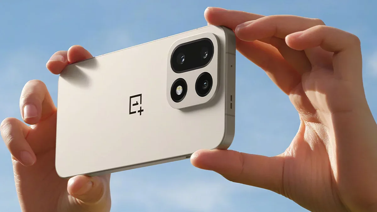 OnePlus phone held in hands, close-up.