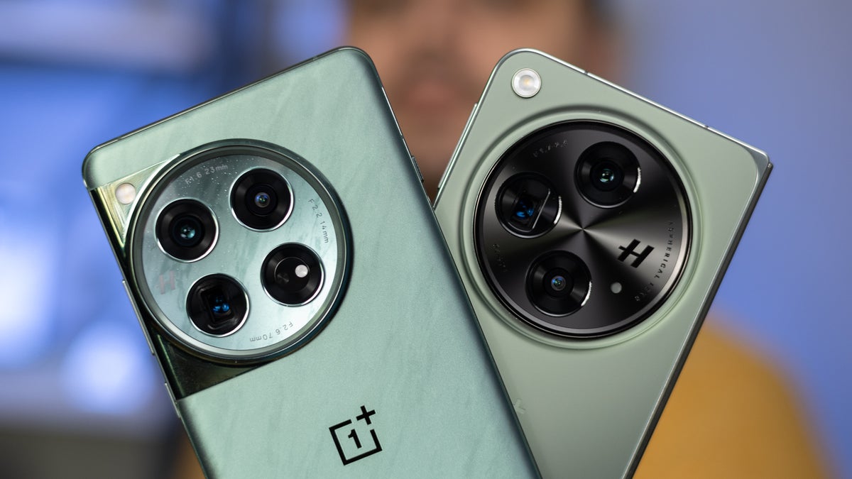 The backs of the OnePlus 12 and a folded OnePlus Open.