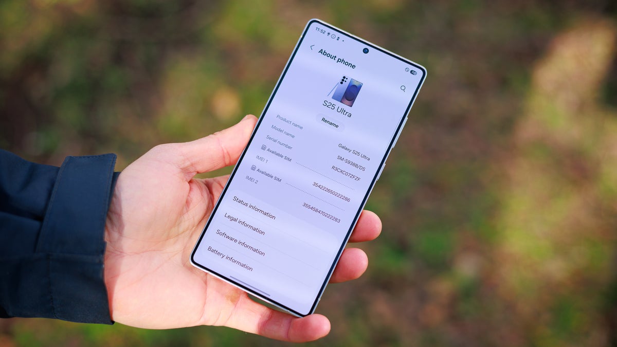 Samsung Galaxy S25 Ultra with the device information page opened on the screen