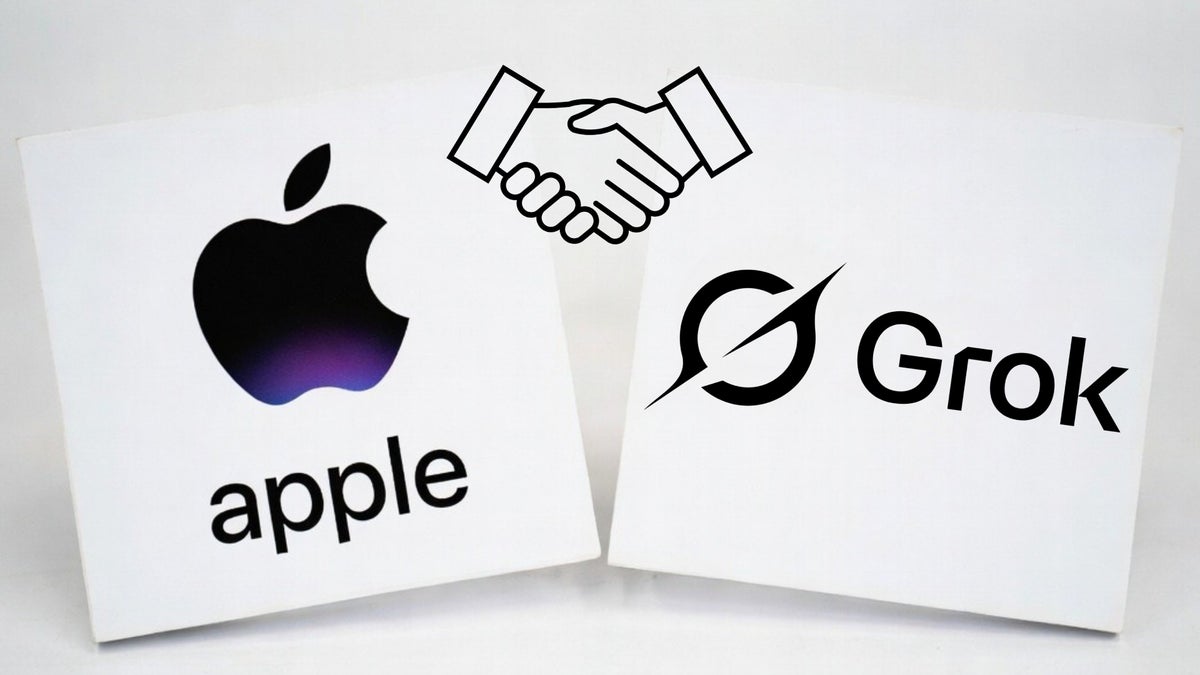 Collage of Apple's and Grok's logos.