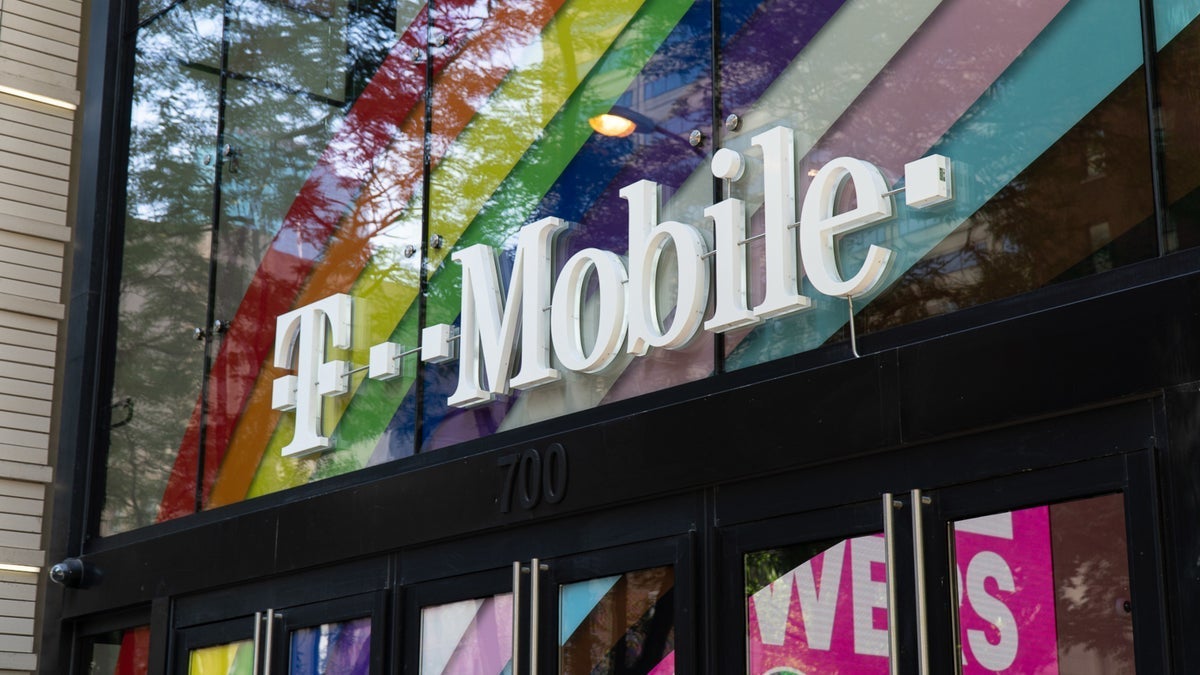 View from the side showing the front of a T-Mobile store.