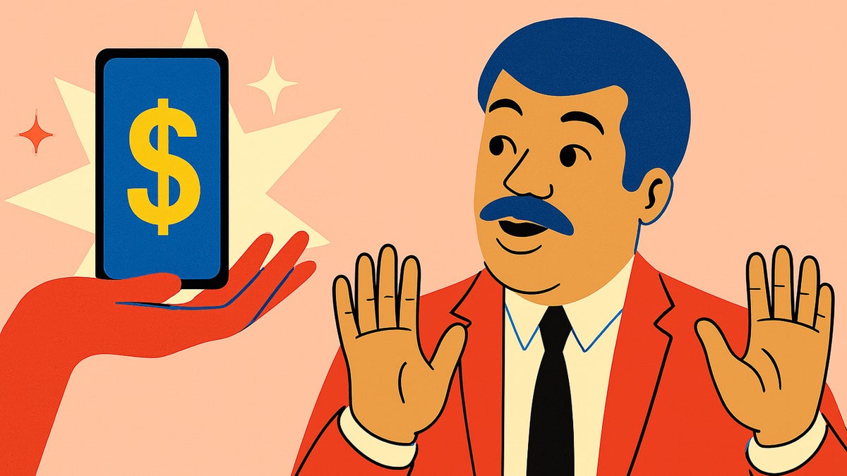 Illustration of a man raising his hands in surprise as a phone with a large dollar sign on its display is offered to him.