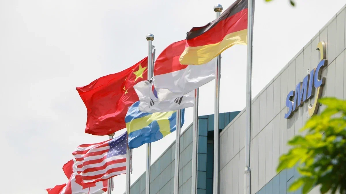 Flags fly from SMIC headquarters.