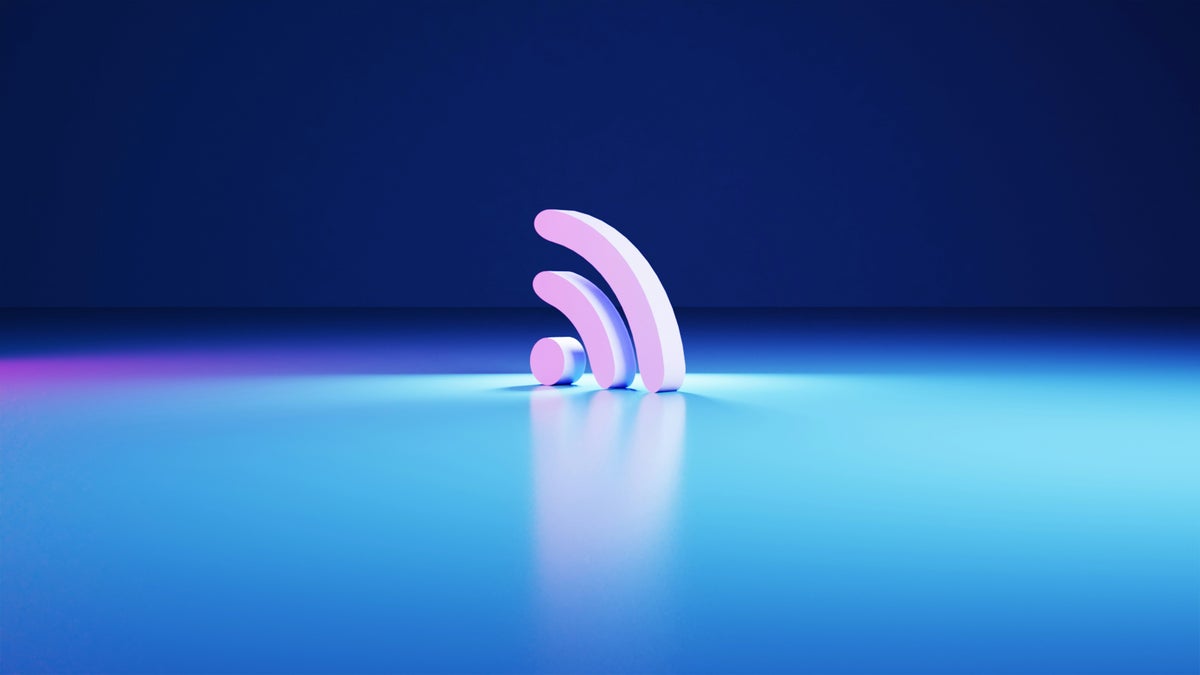 Purple Wi-Fi symbol standing on a blue gradient surface.