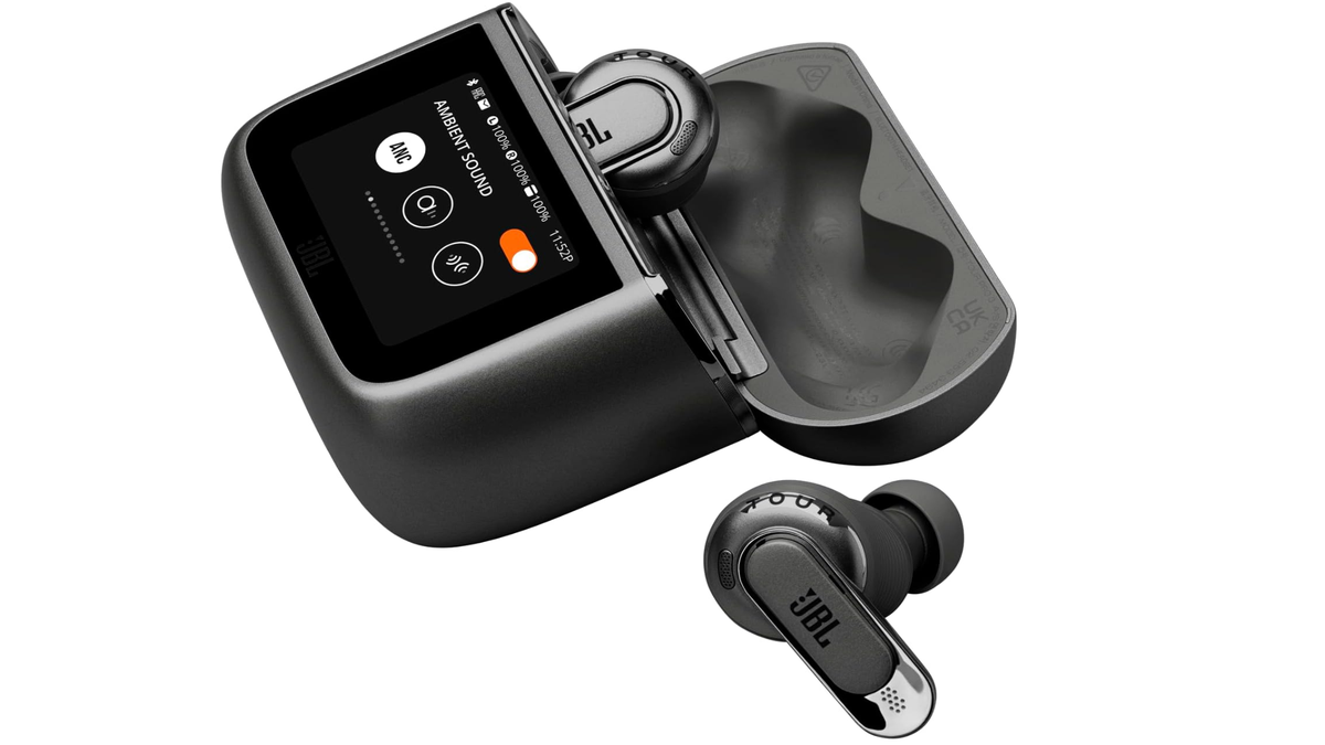 JBL Tour Pro 3 earbuds in Black on a white background.