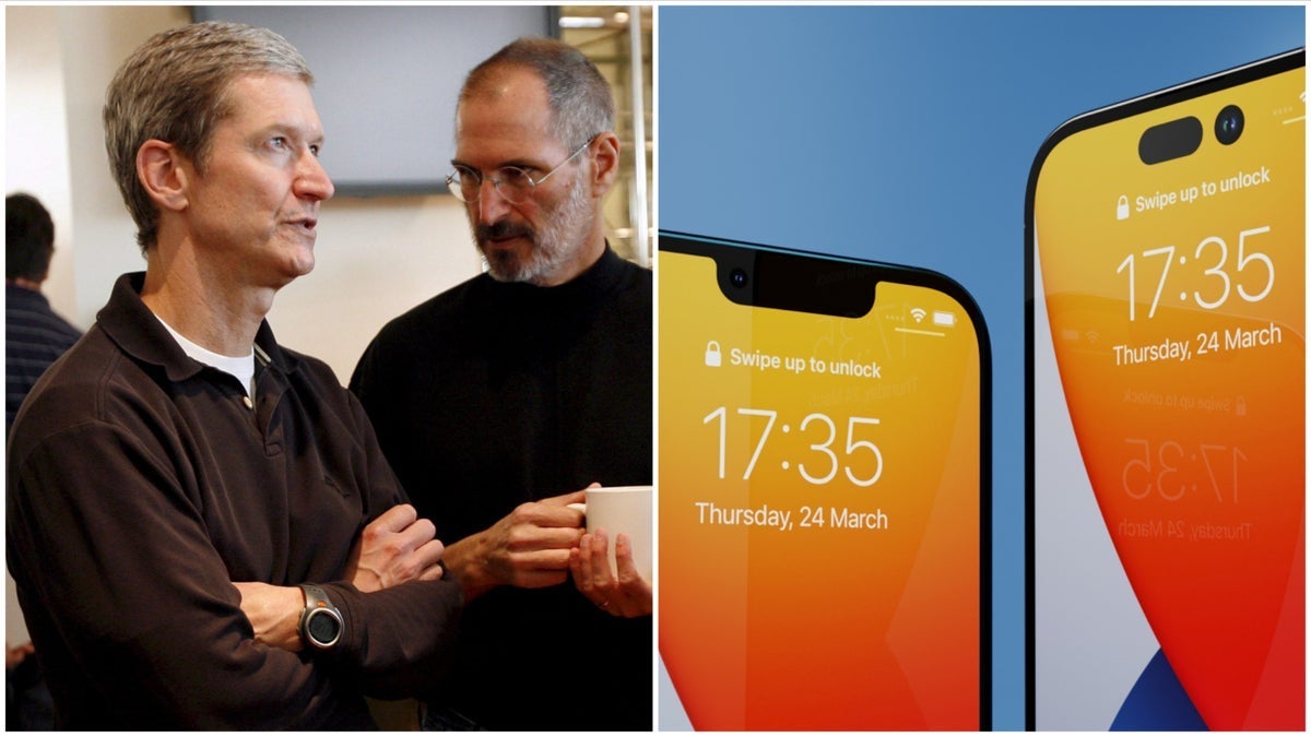 Tim Cook and Steve Jobs together wiith split screen showing iPhone models.