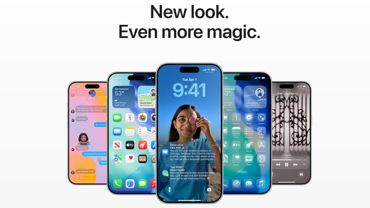 Apple iPhone units are lined up, showing images from iOS 26.