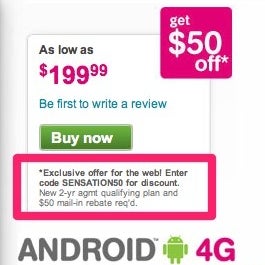 New customers can take $50 off the HTC Sensation 4G