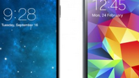 A 4.7 inch Apple iPhone 6 is compared size-wise with a current batch of heavyweight Android models