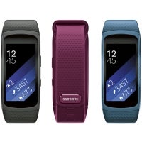 Samsung Gear Fit 2 press render leaks, showing three color options and a vivid AMOLED screen