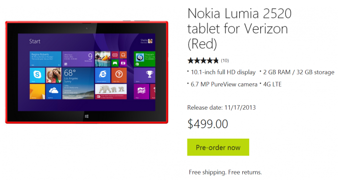The now-pulled pre-order listing for the Verizon version of the Nokia Lumia 2520 - Microsoft Store does it again, pulls pre-order page for the Nokia Lumia 2520 tablet