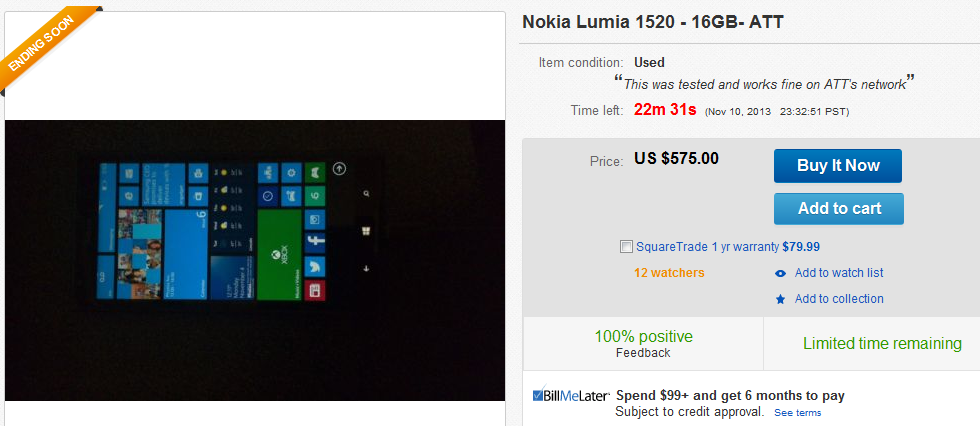 A pre-production model of the Nokia Lumia 1520 can be bought on eBay - Pre-production AT&T branded Nokia Lumia 1520 up for sale at eBay