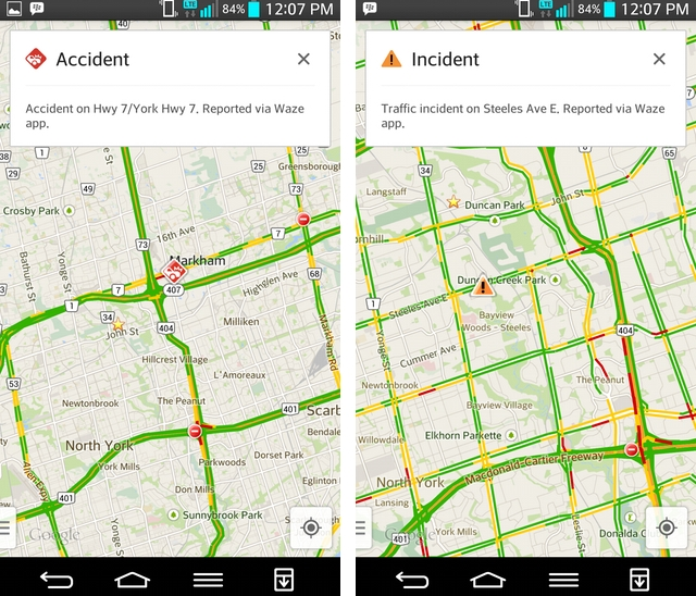 Screen shots from Google Maps featuring the new improvements from Waze - Google adds Waze feature to iOS and Android version of Maps