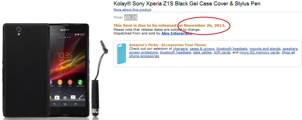 Case for Sony Xperia Z1s on Amazon U.K. shows November 26th release date - Sony Xperia Z1s case spotted on Amazon U.K. site, reveals possible release date