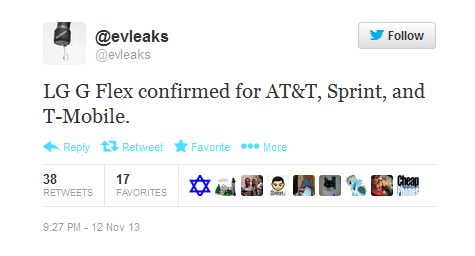 The LG G Flex is coming to the U.S. says evleaks - Tweet says LG G Flex is coming to AT&T, Sprint and T-Mobile