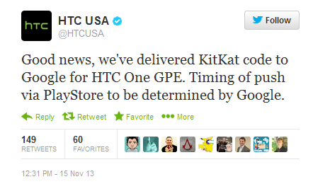 HTC says the Android 4.4 update for the Google Play Edition of the HTC One is in Google's hands - KitKat code given by HTC to Google; HTC One Google Play edition update in Google's hands