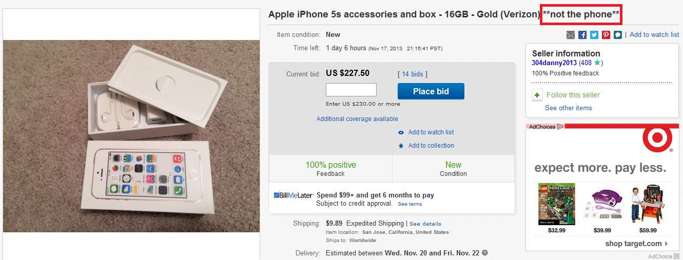 The box for the 16GB Gold Apple iPhone 5s is being auctioned off on eBay - Apple iPhone 5s box and accessories up for bid on eBay, phone not included