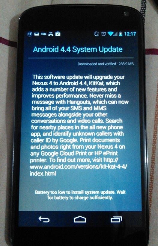Nexus 4 KitKat update released, 240 MB OTA takes you from Android 4.3 to 4.4