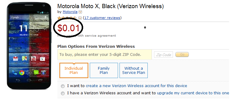 Buy the Verizon branded Motorola Moto X from Amazon for 1 cent on contract - Verizon's Motorola Moto X priced at 1 cent at Amazon, with two-year pact