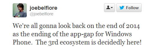 Windows Phone's 'app gap' with the other platforms will be closed in 2014, says Joe Belfiore