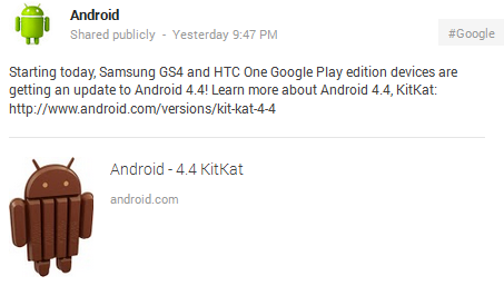 The Samsung Galaxy S4 Google Play edition and the HTC One Google Play edition are both starting to receive the Android 4.4 update - Samsung Galaxy S4 and HTC One Google Play editions start to receive Android 4.4 update