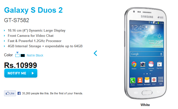The Samsung Galaxy S Duos 2 is posted on Samsung India's website - Samsung Galaxy S Duos 2 official, posted on Samsung India's website