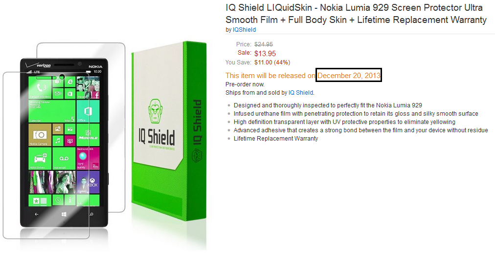 Amazon's shipping date for this Nokia Lumia 929 accessory confirms a mid to late December launch for the phone - Nokia Lumia 929 accessories shipping date confirms latest launch date rumor for the phone