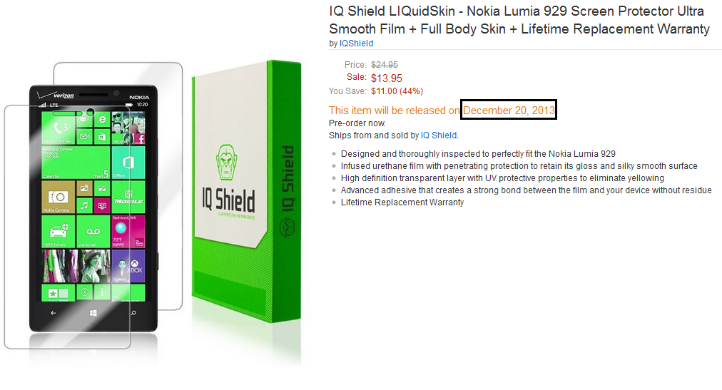 Amazon&#039;s shipping date for this Nokia Lumia 929 accessory confirms a mid to late December launch for the phone - Nokia Lumia 929 accessories shipping date confirms latest launch date rumor for the phone