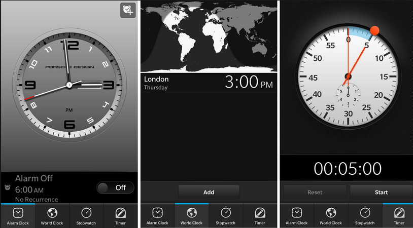 Clock app on the BlackBerry Porsche Design P&#039;9982 - Get the BlackBerry Porsche Design P&#039;9982 clock on your BlackBerry Z10